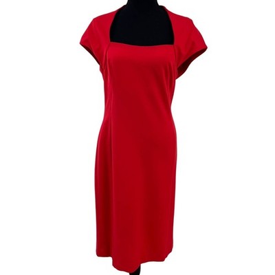 Escada Red Knit Cap Sleeve Square Neck Knee Length Sheath Dress Womens 38 / US 8