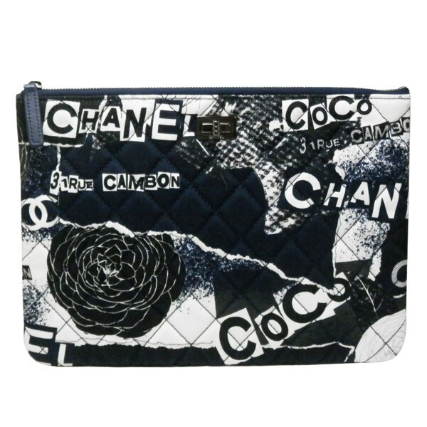 CHANEL 2.55 Matelasse Canvas Pouch Clutch with Camellia Print