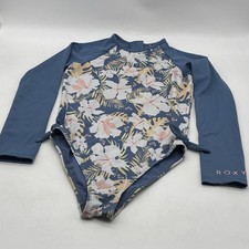 Roxy Rash Guard Swimsuit 1 Pc Bodysuit Girls Size 6 UV Long Sleeve Blue Hawaiian