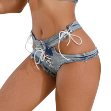 Sexy Lady Lace Up Mini Denim Shorts Stretch Ripped Hole Hot Pants Clubwear Beach