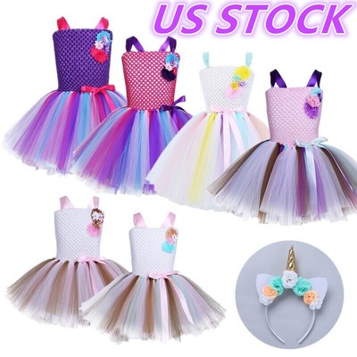 US Kids Girls Tutu Dress with Headband Hair Hoop Cosplay Outfit Dresses Costume 