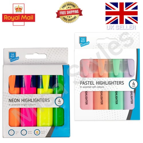 4 x ASSORTED HIGHLIGHTER PENS BRIGHT FLOURESCENT NEON PASTEL COLOURS SCHOOL PACK