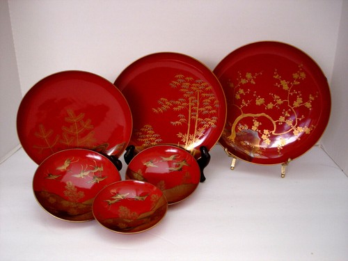 4" - 7 3/4" D JAPANESE MEIJI PERIOD LACQUERED WOOD PLATE / SHALLOW DISH SET / 6