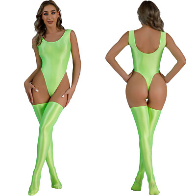 Damen Glossy High Cut Rundhals Bodysuit Rückenlose Trikot Oberschenkel Strümpfe