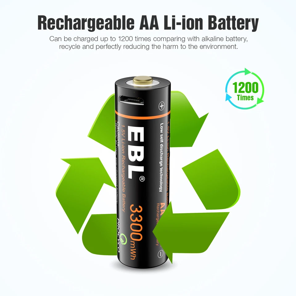 EBL 1.5V AA AAA  Lithium Batteries USB Rechargeable  9V 6F22 Li-ion Battery Lot - Image 2 of 4