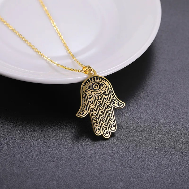 Ornate Gold Hamsa Hand of Fatima Pendant Necklace