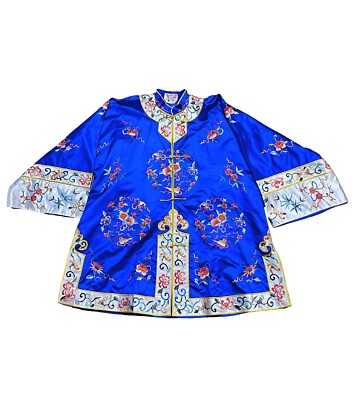 Vintage Bai Hua Chinese Blue Embroidered Silk Jacket Robe One Size 1950s Retro