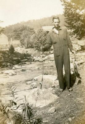 PP85 Vtg Photo MAN w/ FISHING POLE AND FISH CATCH ON A STRINGER, STREAM ...