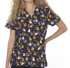 NWT Women's Large Boo Ghost Print Halloween I Love Scrubs Scrub Top