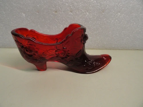Vintage Fenton Ruby Red Cabbage Head Rose Slipper Shoe