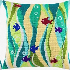 Seaside Serenity Cross-Stitch Kit: Fish in Seaweed Throw Pillow 16x16 Inches - E