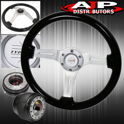 Black Slim Quick Release For 89-05 Eclipse + Black Wood Deep Dish Steering Wheel