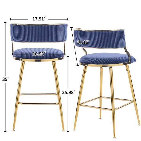 2 x Thick Corduroy Gold-plated Iron Feet Bar Stool Blue for Bar Home Kitchen NEW - Image 2 of 4