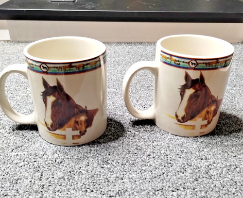 Vintage Cedar Valley Horse Stables Stoneware Mugs Folkcraft Set Of (2) Cups