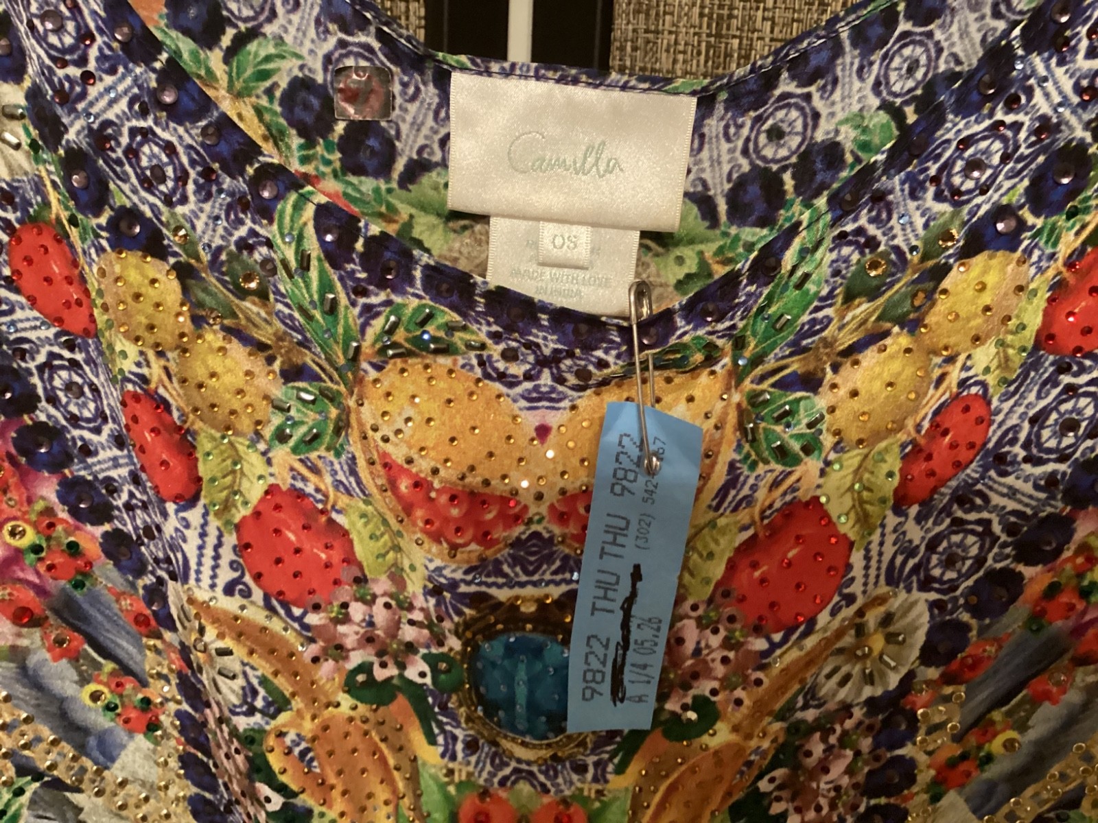 OOAK Camilla Gorgeous Crystal Beaded Print 100% Silk Kaftan Resort Dress EUC