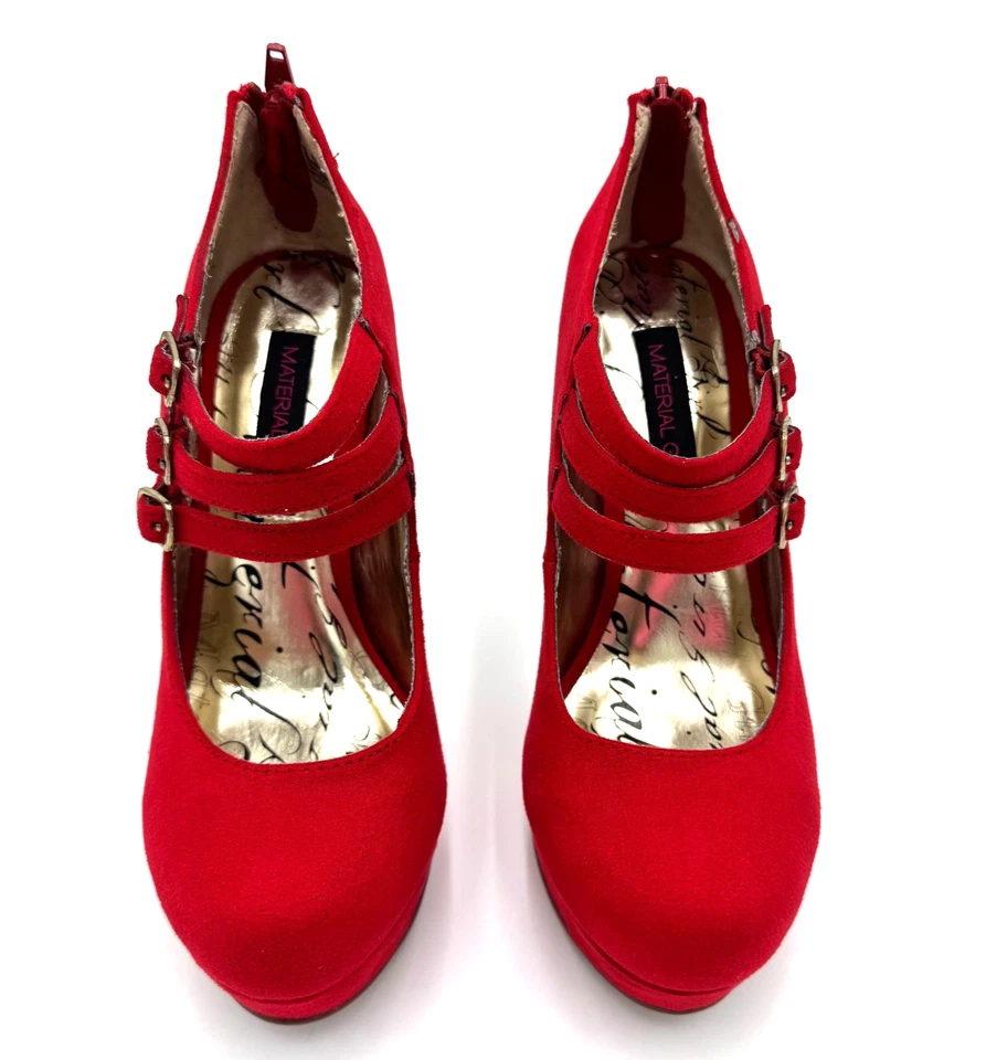 Material Niña Mujer’s 6 Rojo Plataforma Tacones de Aguja Triple Correa Zapatos de Fiesta Nuevos Foto 4 de 4