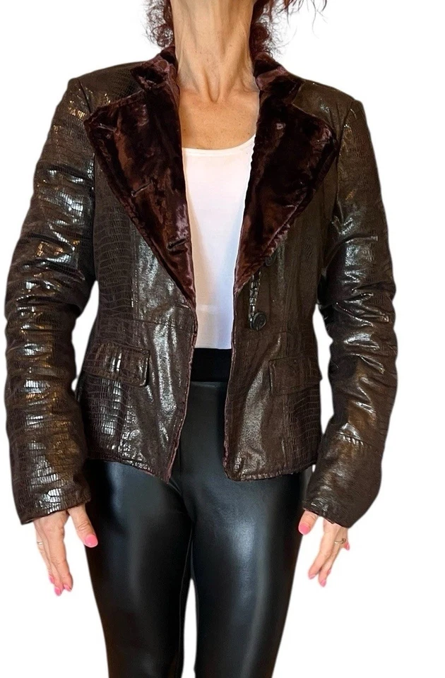 ARMANI COLLEZIONI Brown Velvet Lined Faux Leather Snakeskin Embossed Jacket Sz 6 - Image 2 of 4