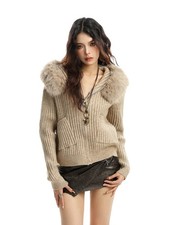 Women's Large Fur Collar Hooded Sweater Winter Slimming Fit Knit Cardigan Tops