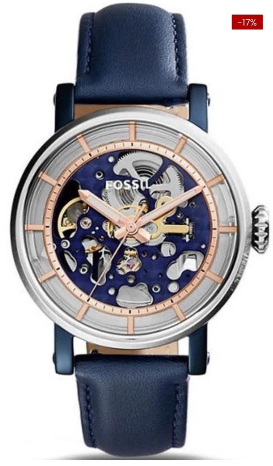 FOSSIL Automatic Watch Analog/Leather Navy Blue Clear Glass Silver Metal me3136 - image 2 of 4