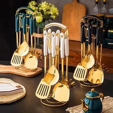 Ceramic Handle Stainless Steel Kitchenware Cooking Utensils 7 Pcs with Hangin...