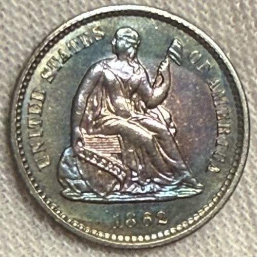 1862 Seated Liberty Half Dime MS++ Deep Strike Rainbow Toning Rare Scarce (L735)