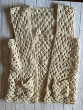 Crochet Womens Cream Festival Boho Hippie Granny Afghan Handmade Open Front Vest