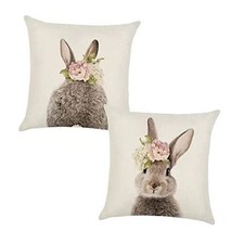 Easter Throw Pillow Cover 18 x 18 Set of 2, Linen 18" x 18" Pack of 2 Bunny