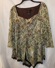 Vintage Top Y2K Venezia Mesh Brown Blue Paisley Milkmaid Babydoll Size 18 - 20