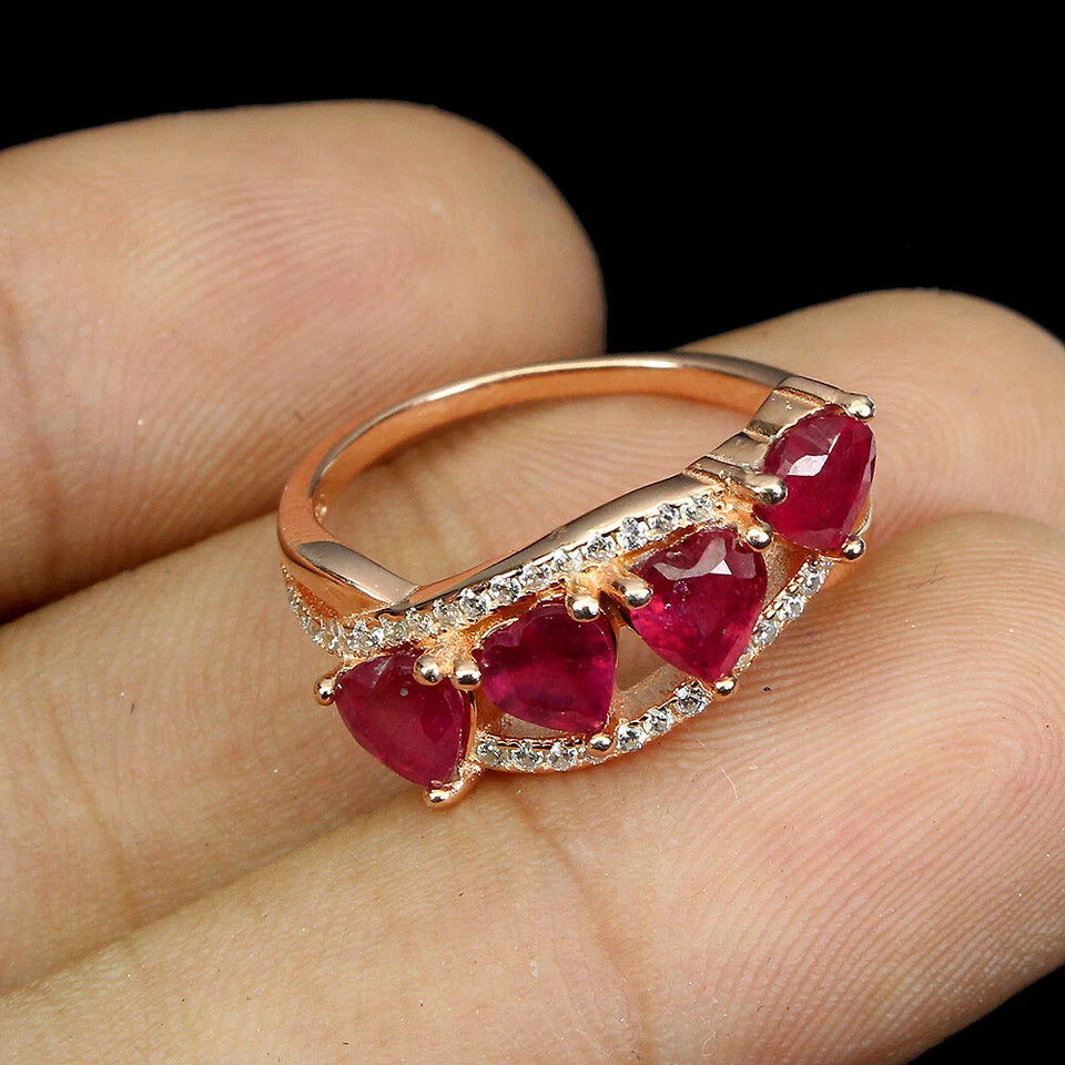 925 Argento Sterling Cuore Rubino 5mm Finto Cz 14K Rosa Placcato Oro Anello - Immagine 3 di 4