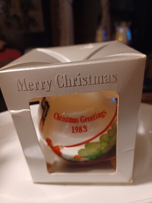 Vtg 1983 Seasons Greetings Satin Thread ''Putting Up The Tree'' Christmas Ornament