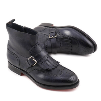 NIB $1295 SANTONI Goodyear Welt Navy Ankle Boots with Buckle Detail US 6 Shoes