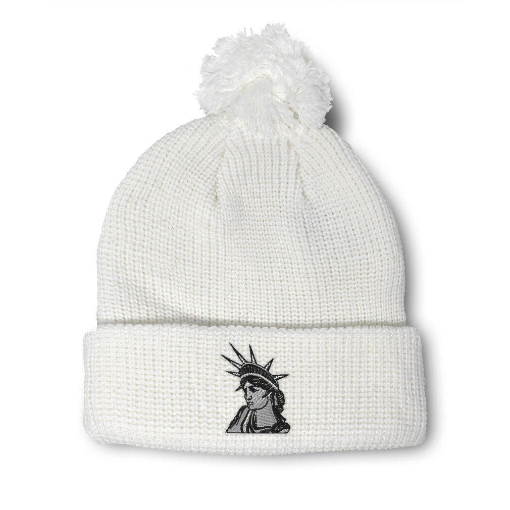 Statue of Liberty Embroidered Pom Pom Beanie for Women - Acrylic Skull Cap