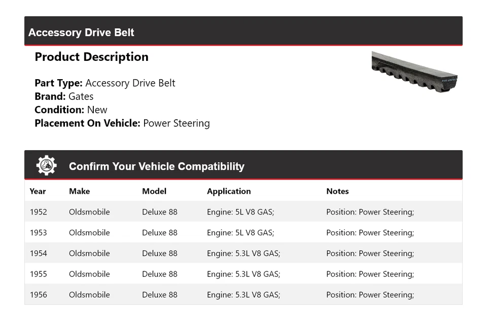 Correa de transmisión accesoria para puertas de dirección asistida Oldsmobile Deluxe 88 1952-1956 Foto 2 de 4