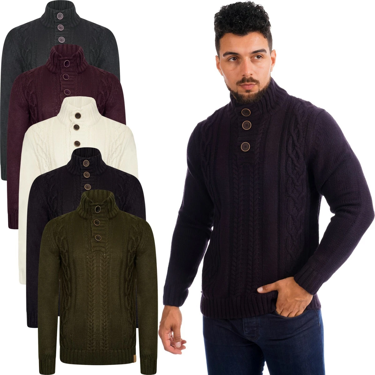 Mens Cable Knit Jumper Chunky Heavy Pullover Long Sleeve Sweaters Winter Funnel