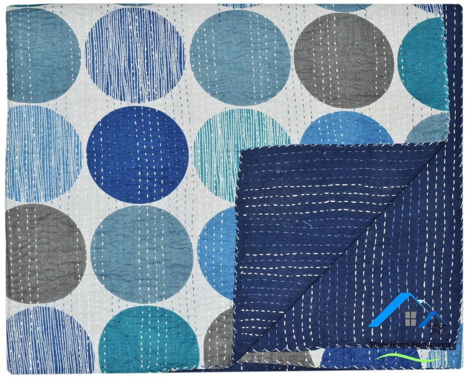 Cotton Kantha Quilt Indian Bedspread King Size Blanket Blue Gudari Indoor Ralli - Image 3 of 4