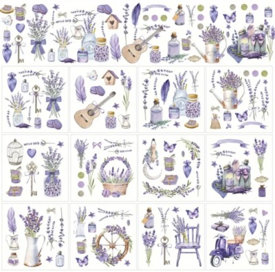 Rub on transfer Sticker 3 Bögen je Set Provence (Lavendel, Vase, Gitarre u.v.m.)