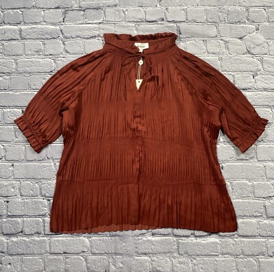 NEW Bohme Pleated Blouse Size L Brick Red Flowy 3/4 Sleeve Prairie Career $54
