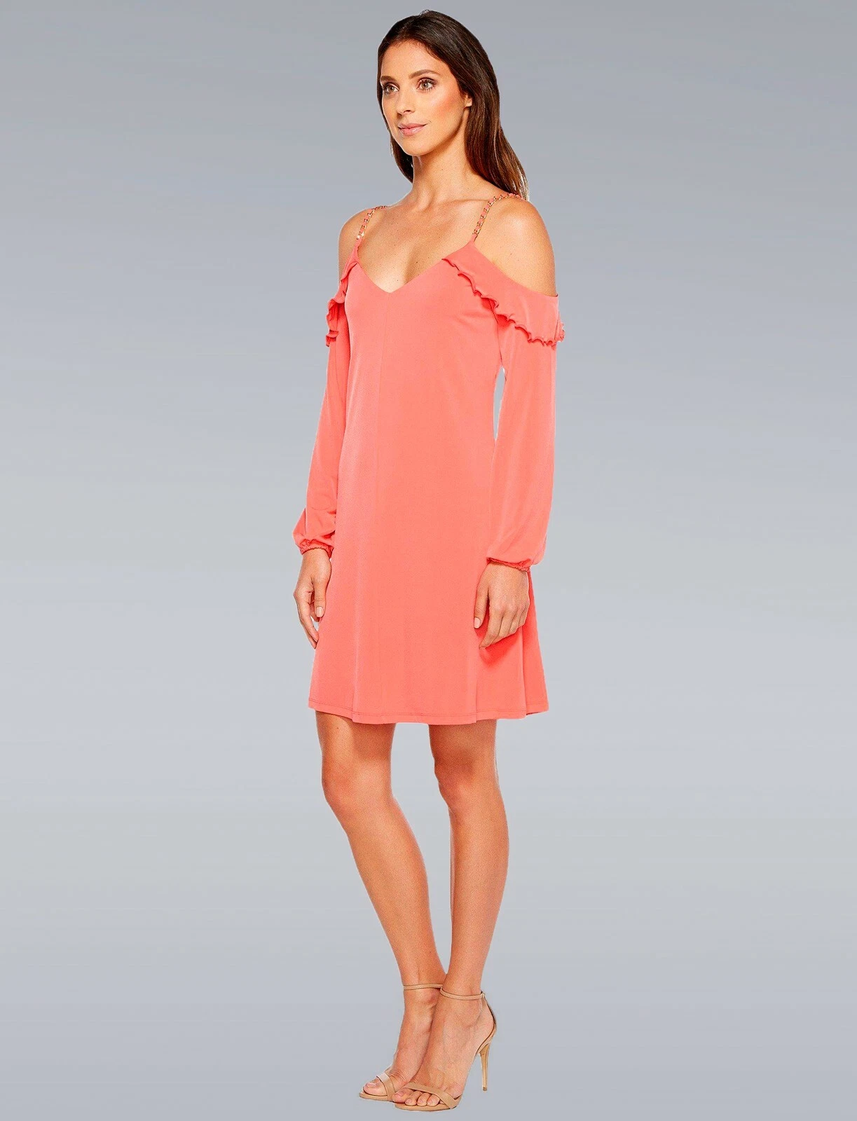 NUOVO MICHAEL KORS abito donna rosa corallo oro catena spalle fredde volant S piccolo