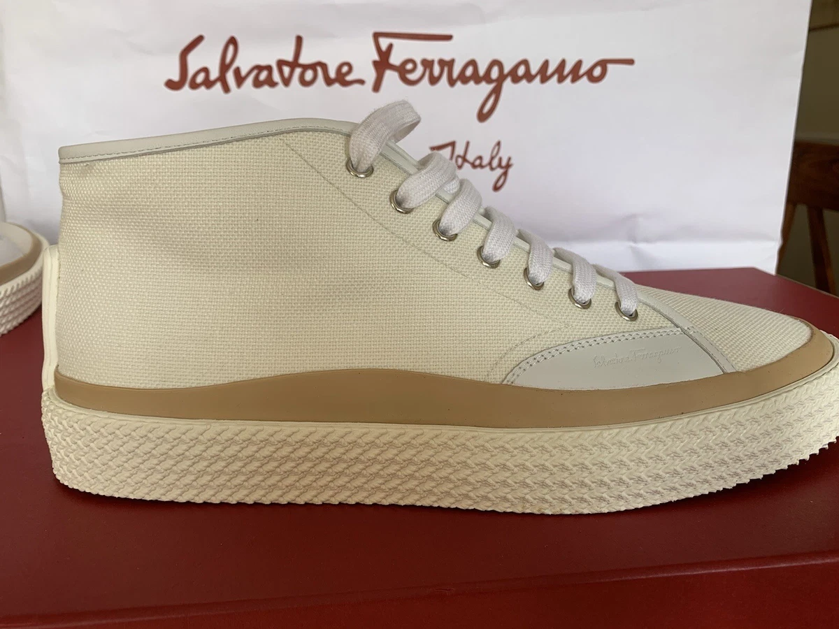SALVATORE FERRAGAMO 7.5 M SUEZ MID TOPS SNEAKERS WHITE MENS SHOES
