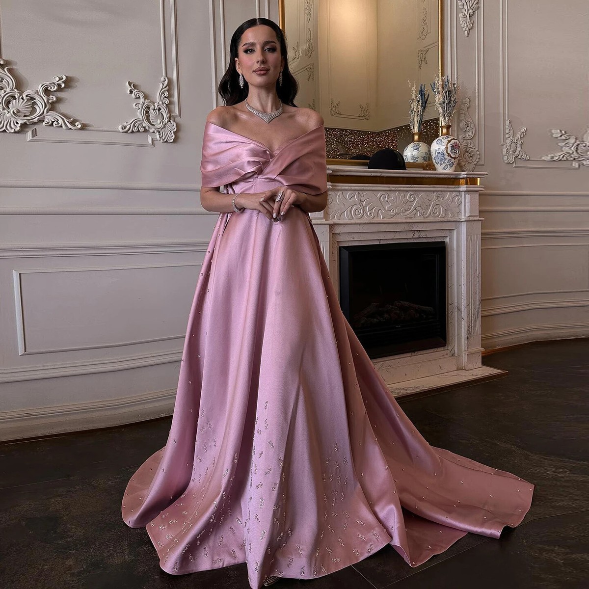 Pink Satin Evening Dress with Train Off Shoulder Women Wedding Party Gowns