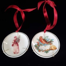 Miniature Christmas Plate Ornaments Red Ribbon Hanger Set of 2 Father Christmas