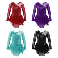 Kid Girl Dancewear Flower Leotard Athletic Dresses Shiny Skirts Asymmertrical