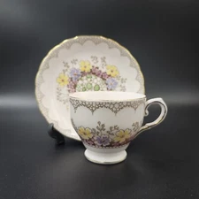 Vintage Tuscan English Fine Bone China Tea Cup & Saucer Pink W Yellow & Purple 