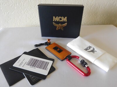 New MCM Black & Cognac LOGO Embossed Ottomar Leather Mix GADGET Key Chain~ NIB