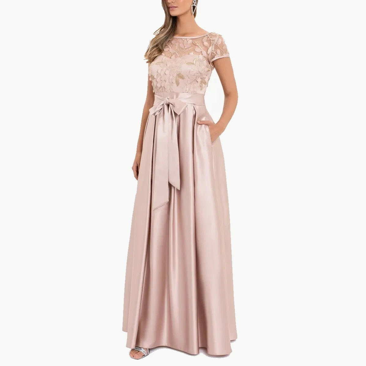 Xscape 3D Flower Bodice Natural Beige Satin Ballgown Dress Size 14 | eBay