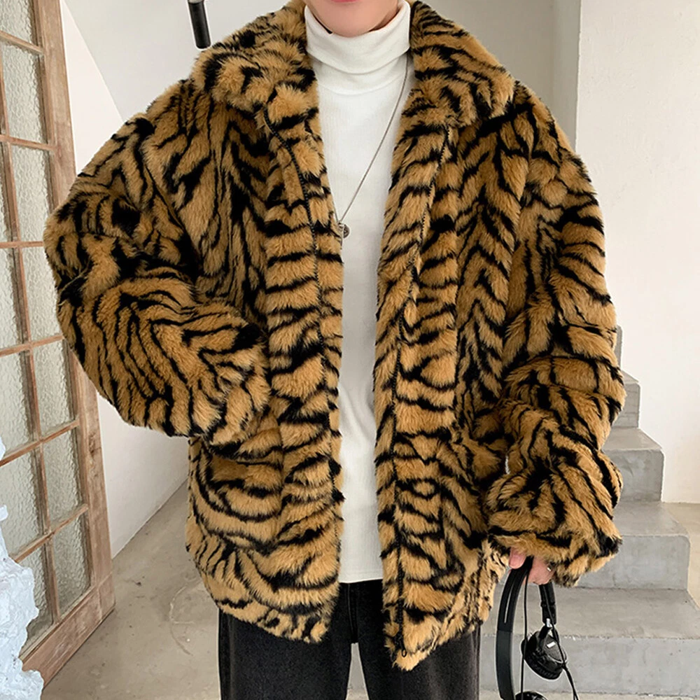Mens Winter New Keep Warm Faux Fur Coat Korean Style Fashion Tiger