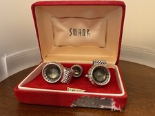 Vintage Swank Cuff Link Set Silvertone Blue Stone Wrap Mesh Links in box