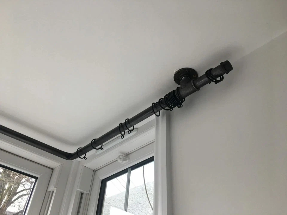 Curtain Pole Rail Bay Window Tension Rod Industrial Metal Steel Pipe Style - Image 3 of 4