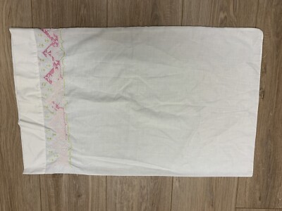 VINTAGE PILLOWCASE WHITE PINKS CROSS STITCH SOME YELLOWING JM FIELDS SHABBY USA