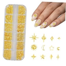 3D Star Nail Charms, Sun Moon Stars Metal Nail Charms Gold-3D Star Nail Charms